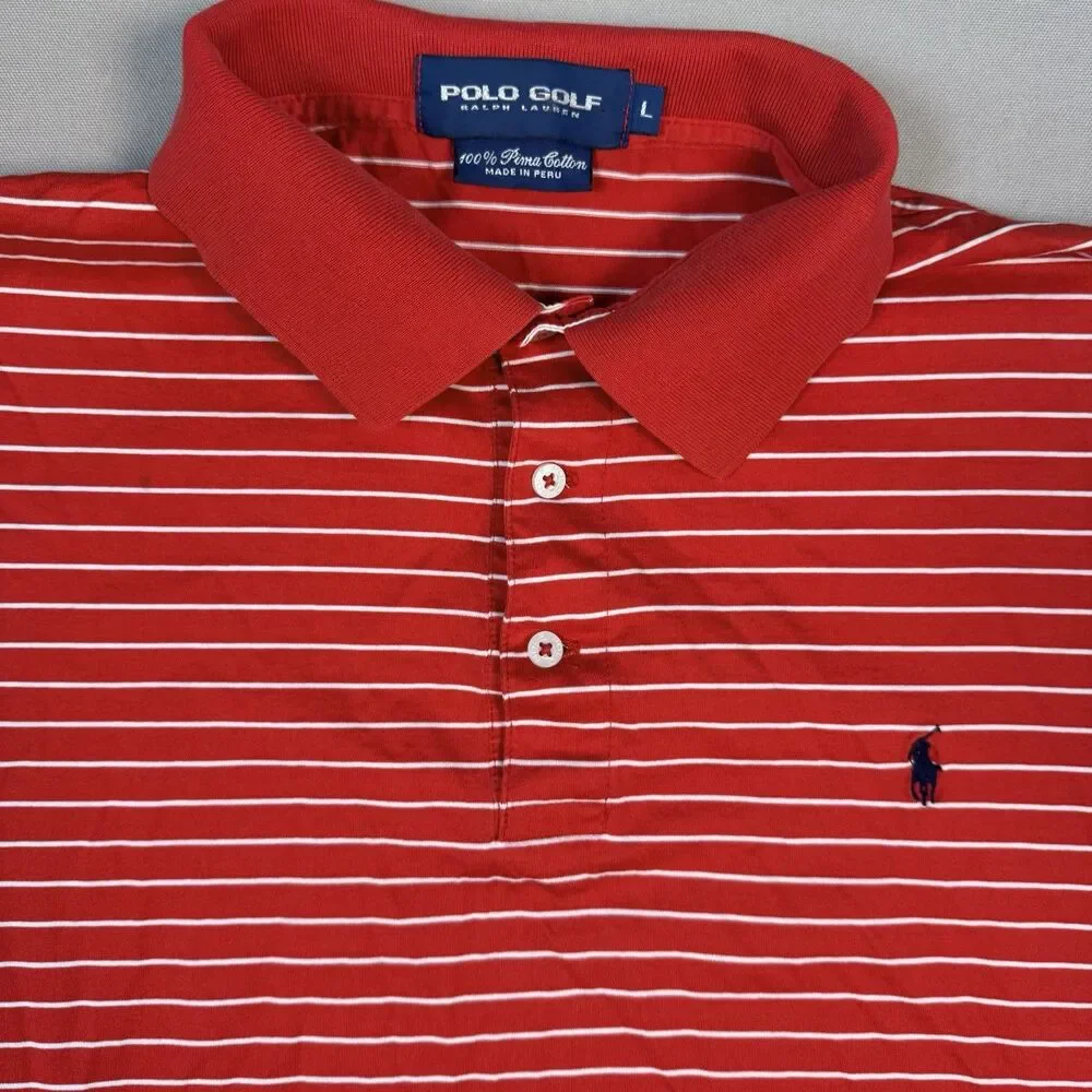 VINTAGE Polo Golf Ralph Lauren Shirt Men Large Red/White Stripe Pima Cotton